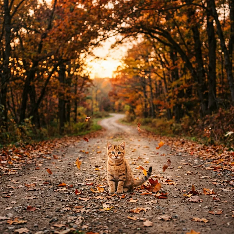 Cat in Tranquil Setting on Countryside Road