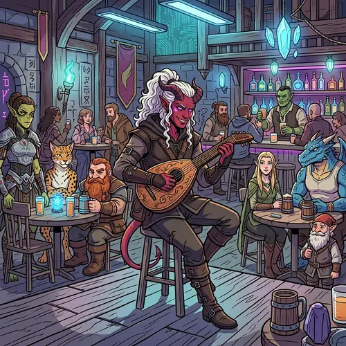 Tiefling Bar Musician with Purple Eyes in Coruscant Bar