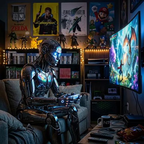 Futuristic Android Gaming | Deep Concentration & Retro Decor