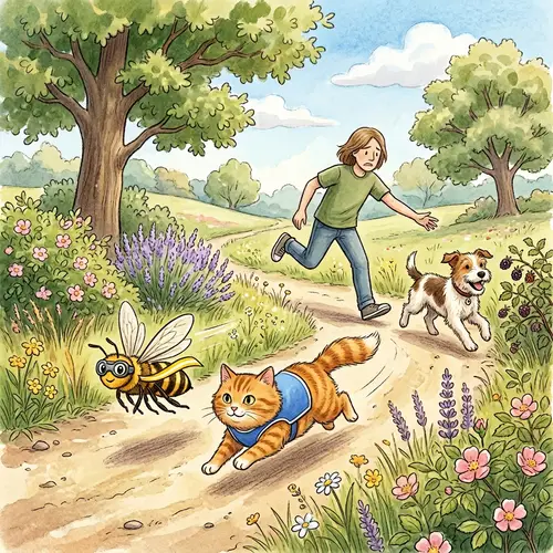 Bee Racing Cat in Outdoor Setting - Action Scene with Man Saving Dog
