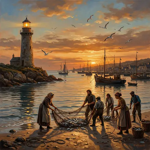 Peaceful Harbour Sunset Oil Painting