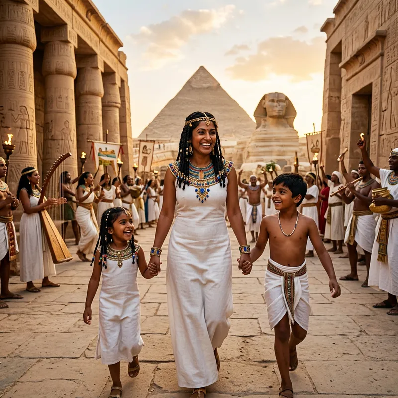 Real People Mother & Children Celebrate in Pharaonic Village
