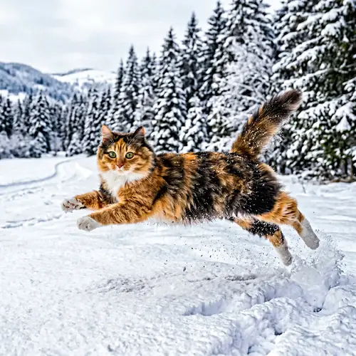 Adorable Cat Leaping in Snowy Landscape