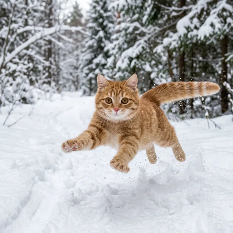 Cute Cat Jumping in Snow with Big Eyes - Adorable Pet Image