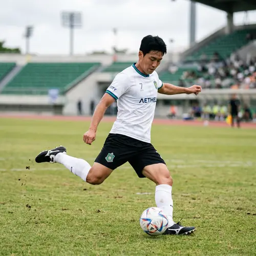 Athletic Soccer Player with Powerful Kick on Grass Field