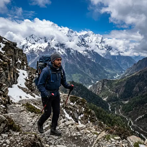 South Asian Man Hiking Through Challenging Mountain Trail