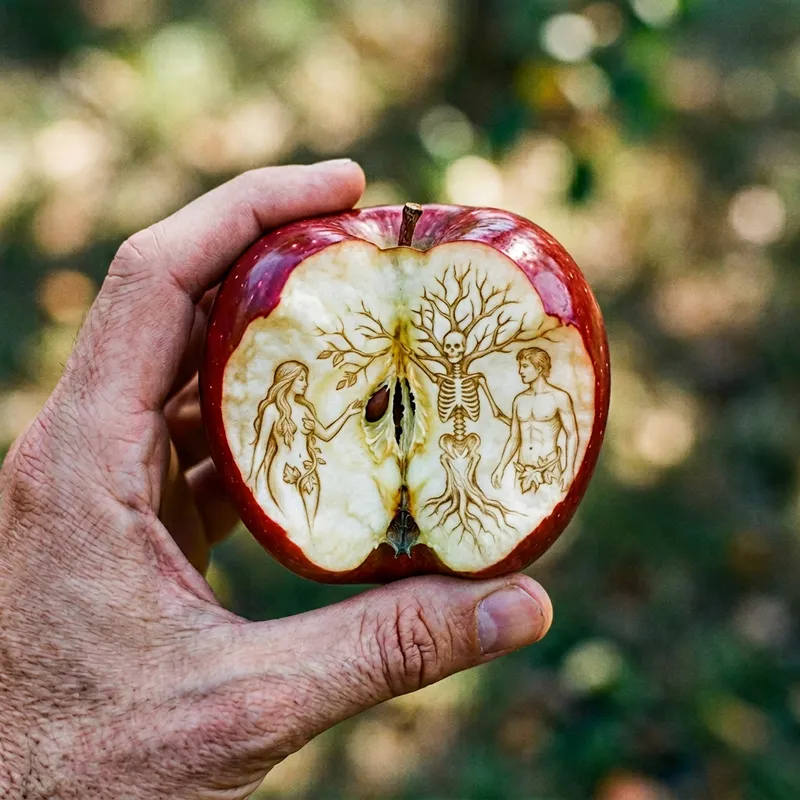 Detailed Artistic Apple with Adam and Eve Engraving Detailed Artistic Apple with Adam and Eve Engraving