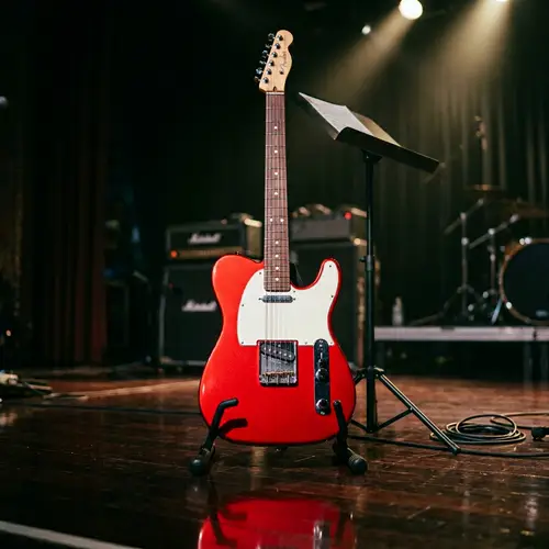 Red Telecaster Electric Guitar Resting on Black Music Stand