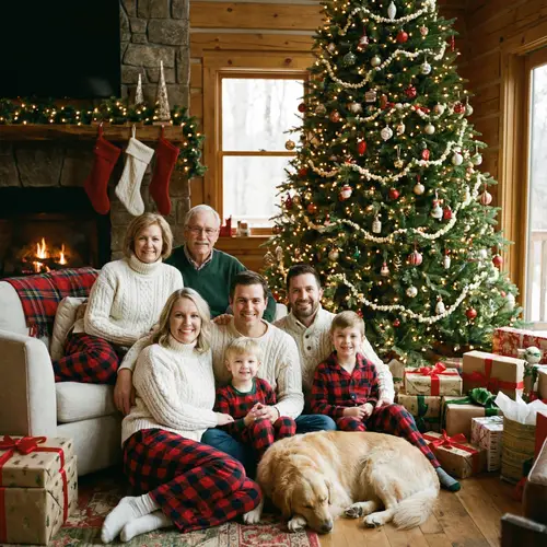 Cozy Family Christmas Photo with Twinkling Lights