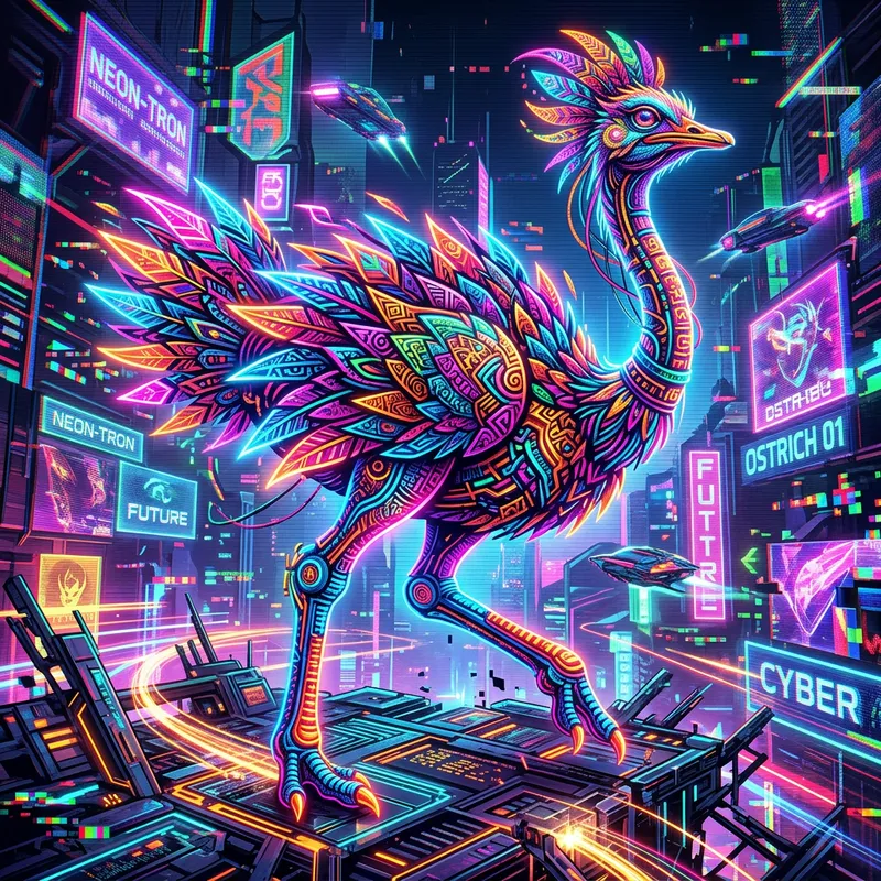 Audacious Neon Ostrich NFT Artwork - Surreal Glitchy Style Audacious Neon Ostrich NFT Artwork - Surreal Glitchy Style