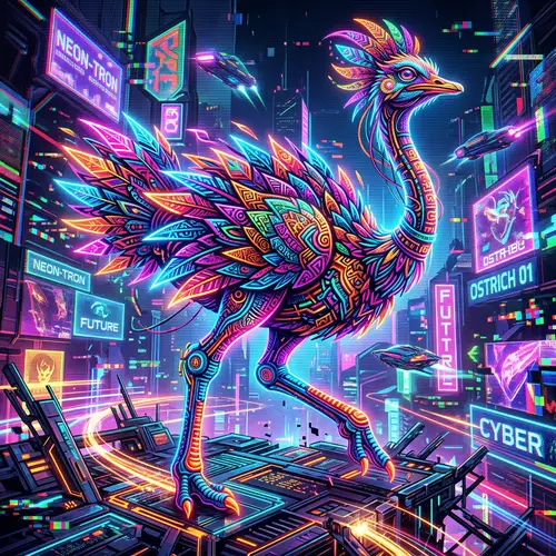 Vibrant Neon Ostrich NFT Artwork - Futuristic Glitch Aesthetic