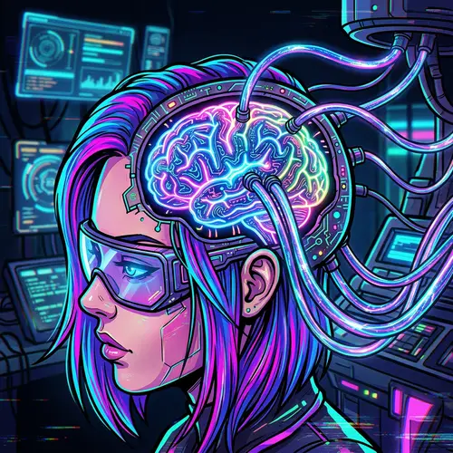 Surreal NFT Style Human Head with Exposed Brain and Electric Cables