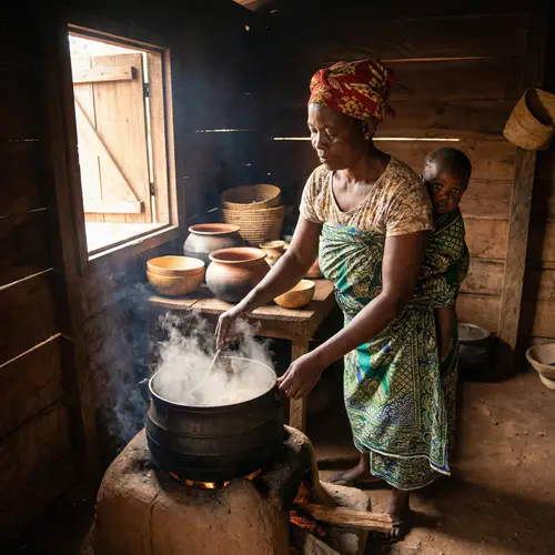 Heartwarming Cooking Scene of Ghanaian Mother and Child