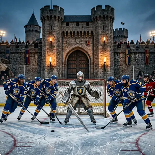 Medieval Knight Hockey Goalkeeper Defends Castle Gate