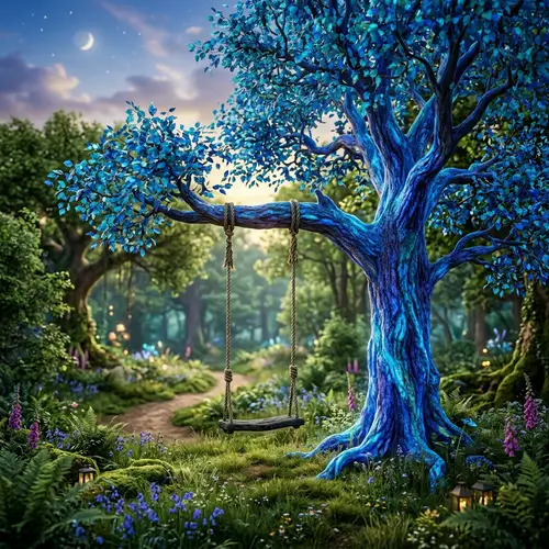 Whimsical Blue Tree with Swinging Wooden Seat in Nature