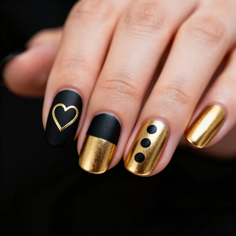 Stylish Matte Black & Gold Nail Designs