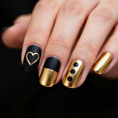 Stylish Matte Black & Gold Nail Designs