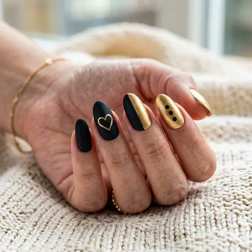 Stylish Matte Black & Gold Nail Designs