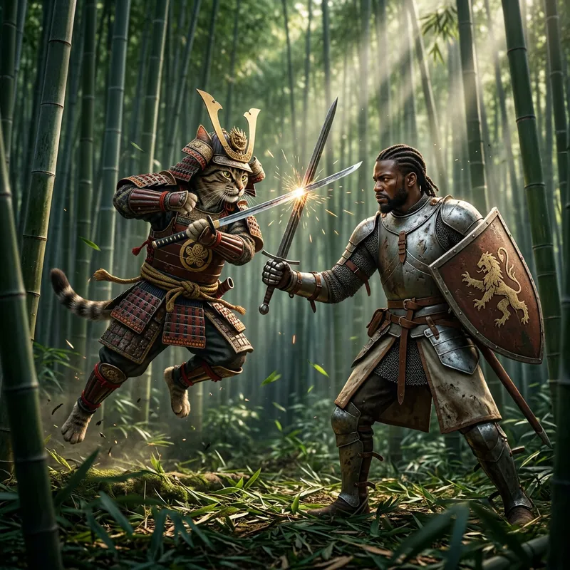 Epic Samurai Cat Battle with Human in Bamboo Forest