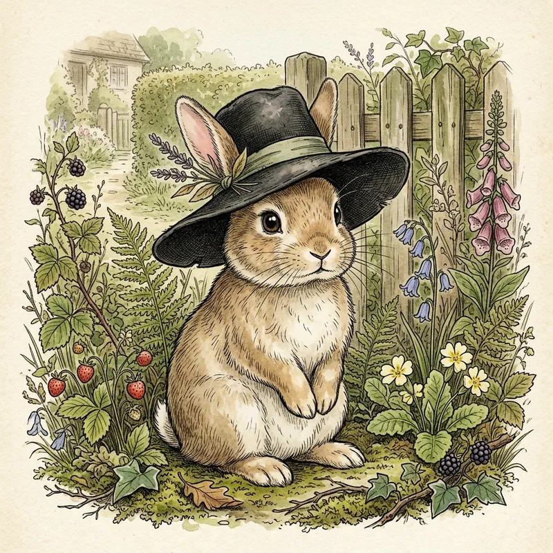 Charming Rabbit in Beatrix Potter Style with Big Hat
