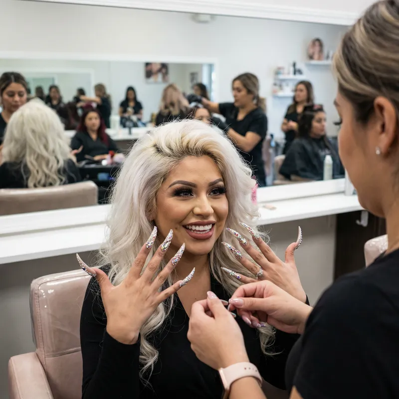 Platinum Blonde Woman with Gigantic Nails and Heavy Makeup