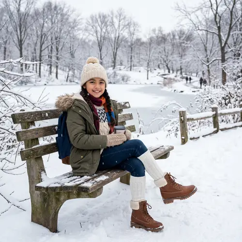 Hispanic Girl in Stylish Winter Outfit on Park Bench