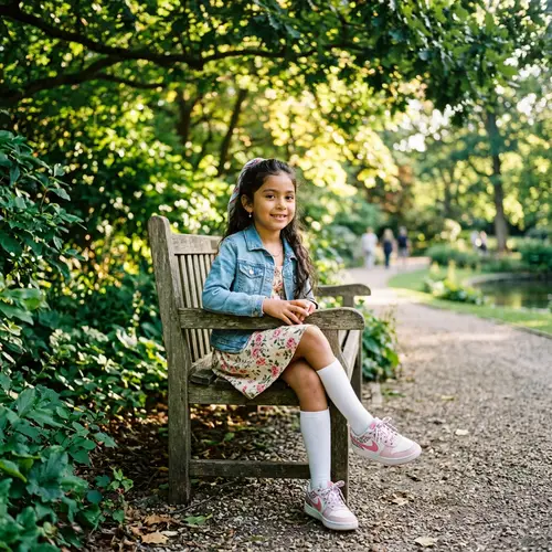 Hispanic Girl in Verdent Park with Stylish Shoes Sitting on Bench