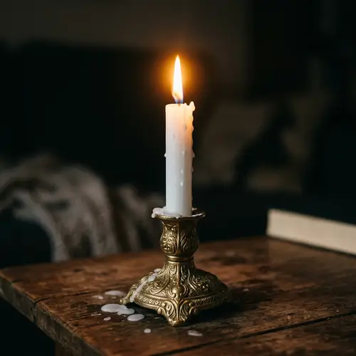 Detailed Lit Candle in Gold Holder | Brightly Burning Flame