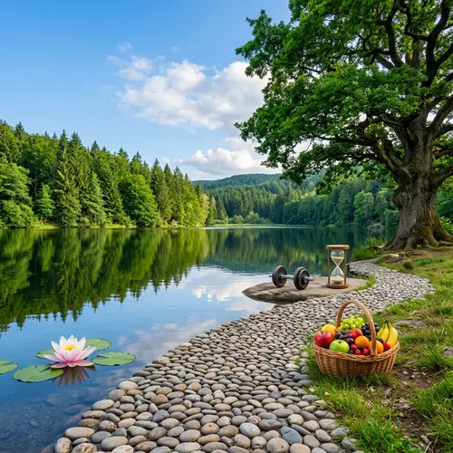 Abstract Wellness Concept: Serene Lake, Green Forest & Ancient Tree