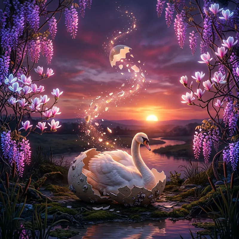 Surreal Swan Transformation Twilight Scene