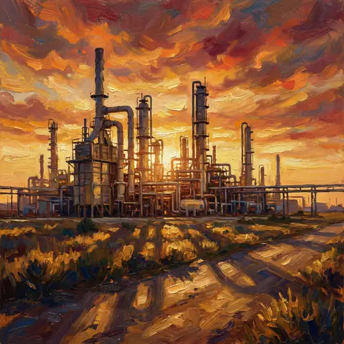 Vibrant Industrial Factory at Sunset | Impressionistic Art