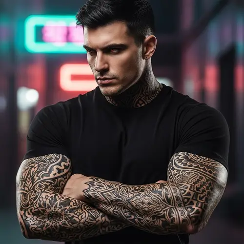 Muscular Tattooed Man in Black Shirt