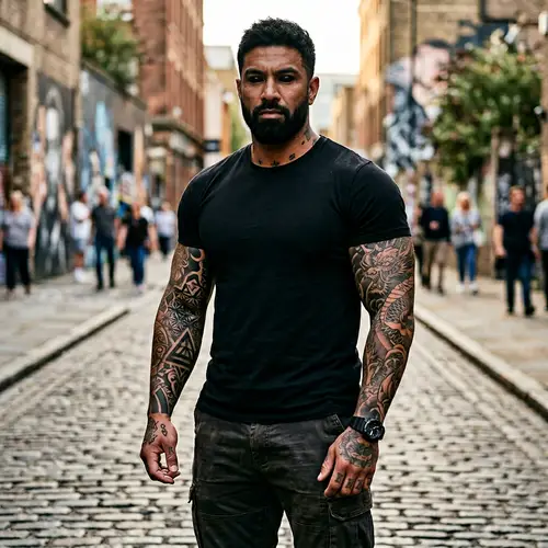 Muscular Tattooed Man in Black Shirt