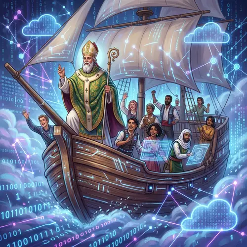 Digital Information Voyage | Diverse Helpers aiding Bearded Saint on Ship