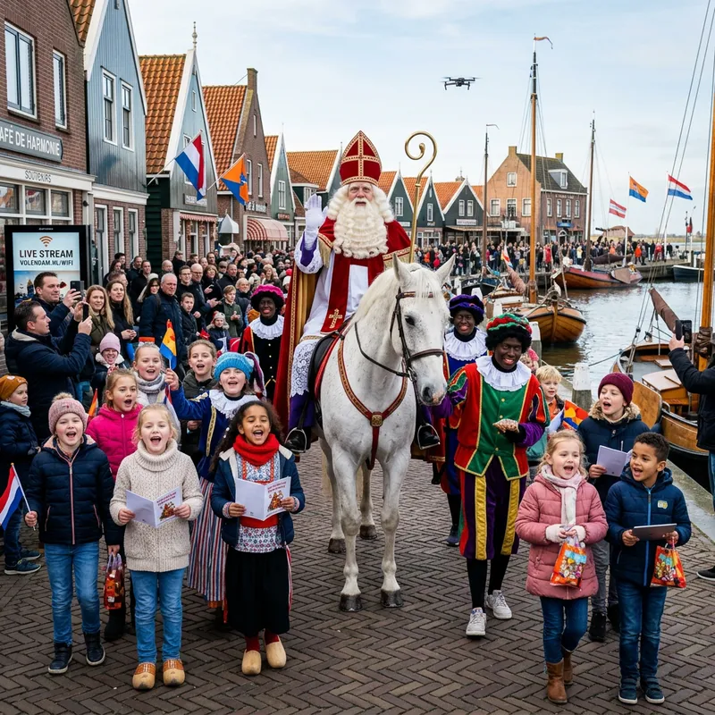 Sinterklaas Riding White Horse at Dutch Intocht in Volendam, Netherlands