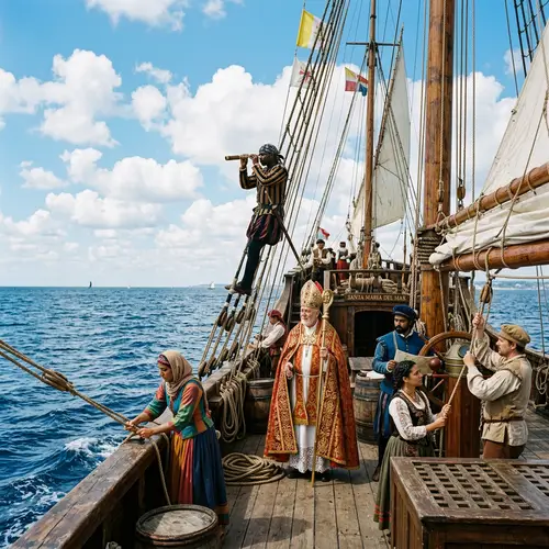 Traditional Bishop on Ship with Diverse Helpers in Renaissance Costumes