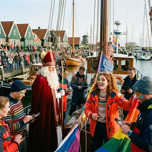Sinterklaas Figure on Ship with Colorful Crew in Volendam Village