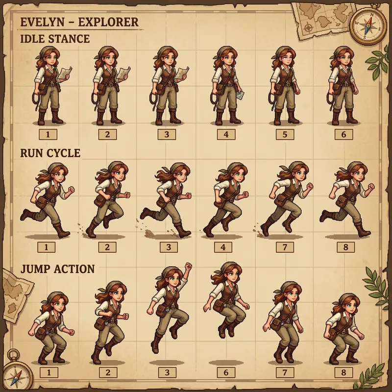 Character Sprite Sheet Animation: Run, Idle, Jump Poses - Vintage Explorer Character