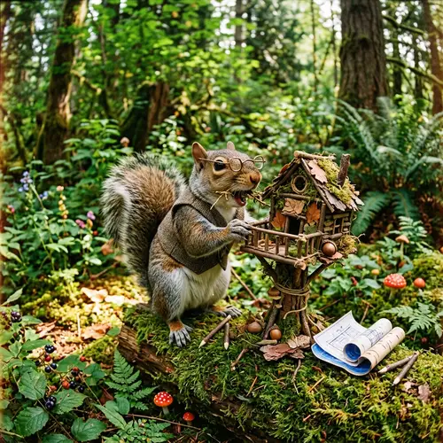 Architect Squirrel in Surreal Forest | Frida Kahlo Inspired Colors