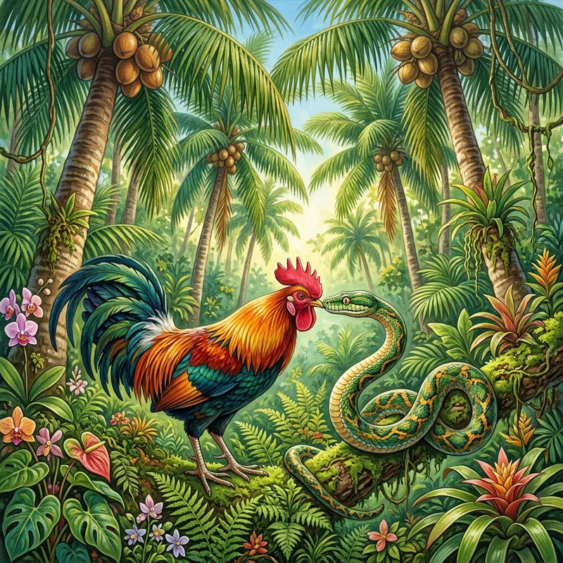 Rooster and Snake Kiss in Coconut Forest Illustration