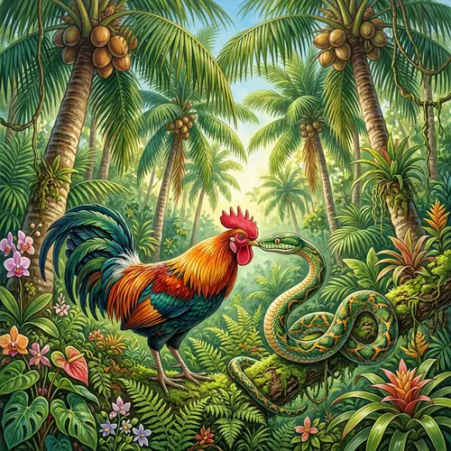 Vibrant Tropical Illustration: Rooster Kissing Snake in Coconut Forest
