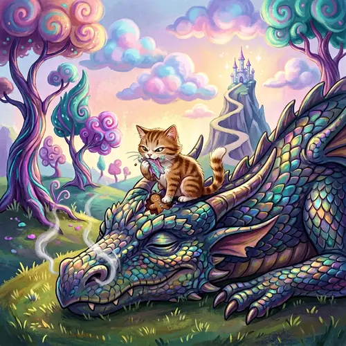 Brave Cat Eating Dragon in Surreal Fantasy World