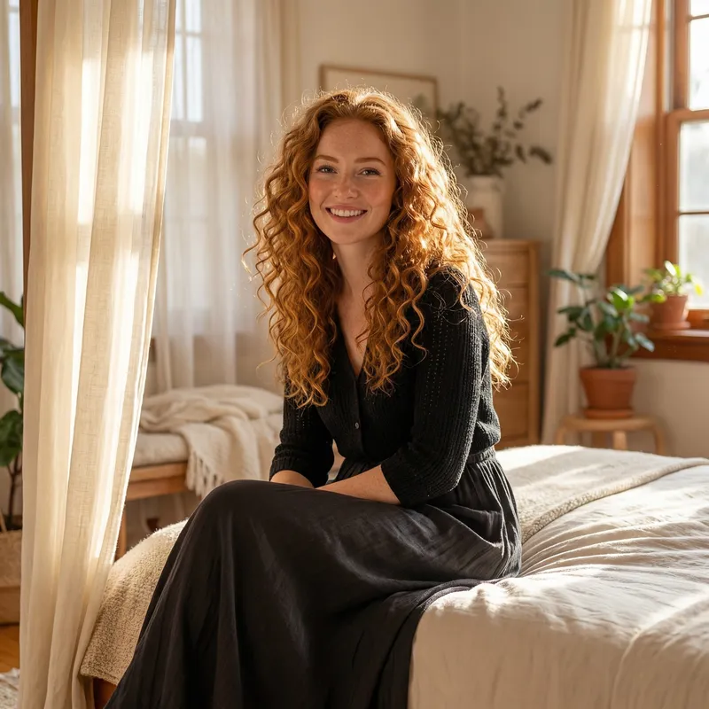 Radiant Redhead Beauty on Bed: Long Curly Hair & Captivating Smile Radiant Redhead Beauty on Bed: Long Curly Hair & Captivating Smile