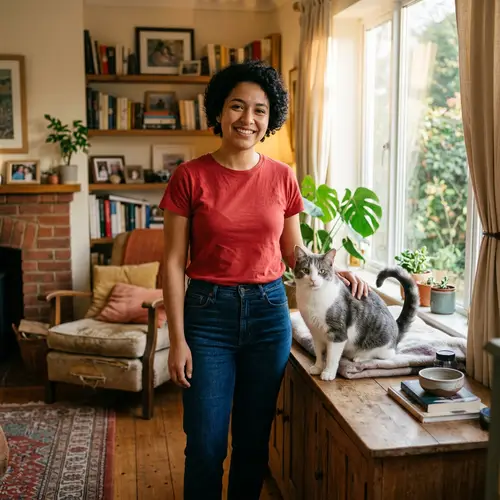 Hispanic Individual with Cat in Cozy Living Room