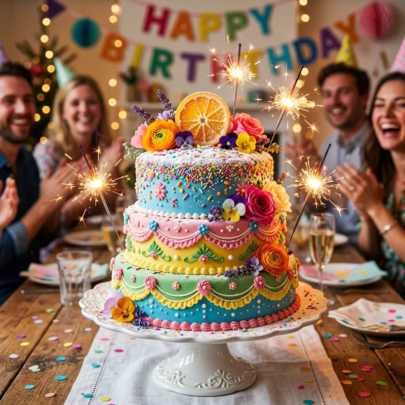 Delicious Multi-Layered Birthday Cake with Edible Flowers