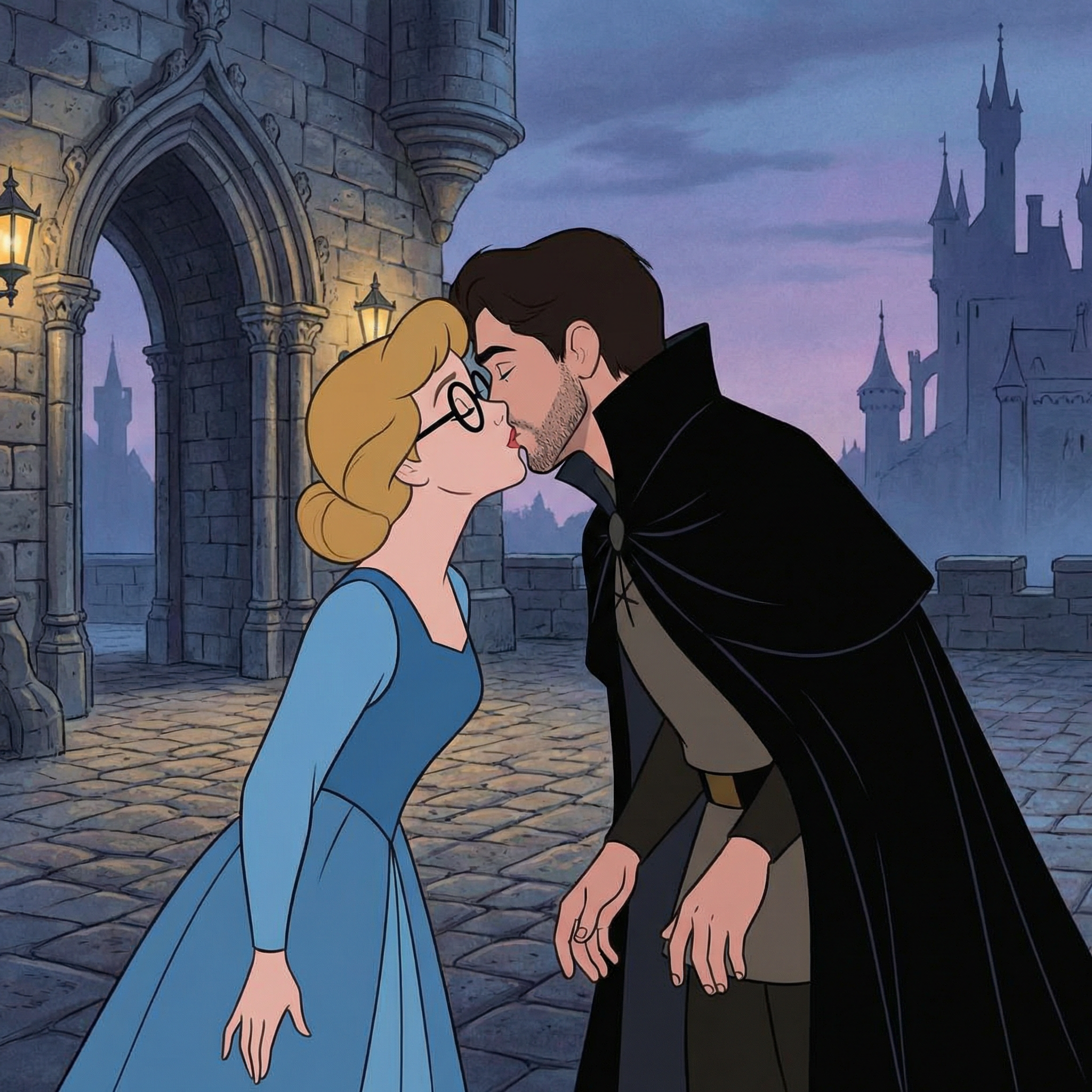 Classic Disney Kiss: Enchanting Young Couple | AI Art Generator
