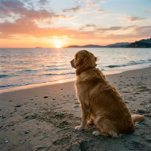 Golden Retriever Enjoying Sunset on Beach | Dog Watching Sea
