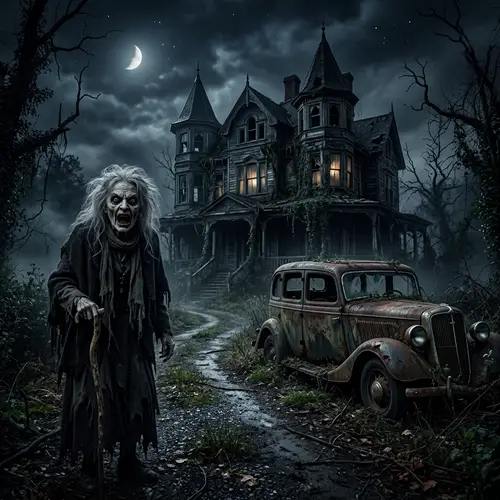 Haunted House with Creepy Granny at Night