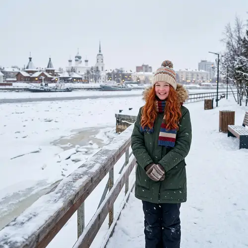 Red-Haired Teenage Girl in Winter Hat by Arkhangelsk Coast
