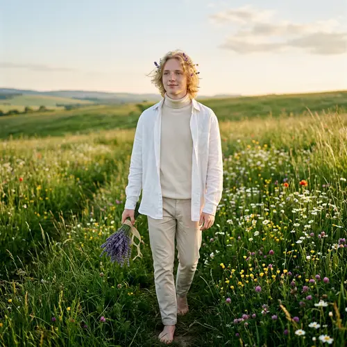 Angelic Young Man in a Blooming Meadow